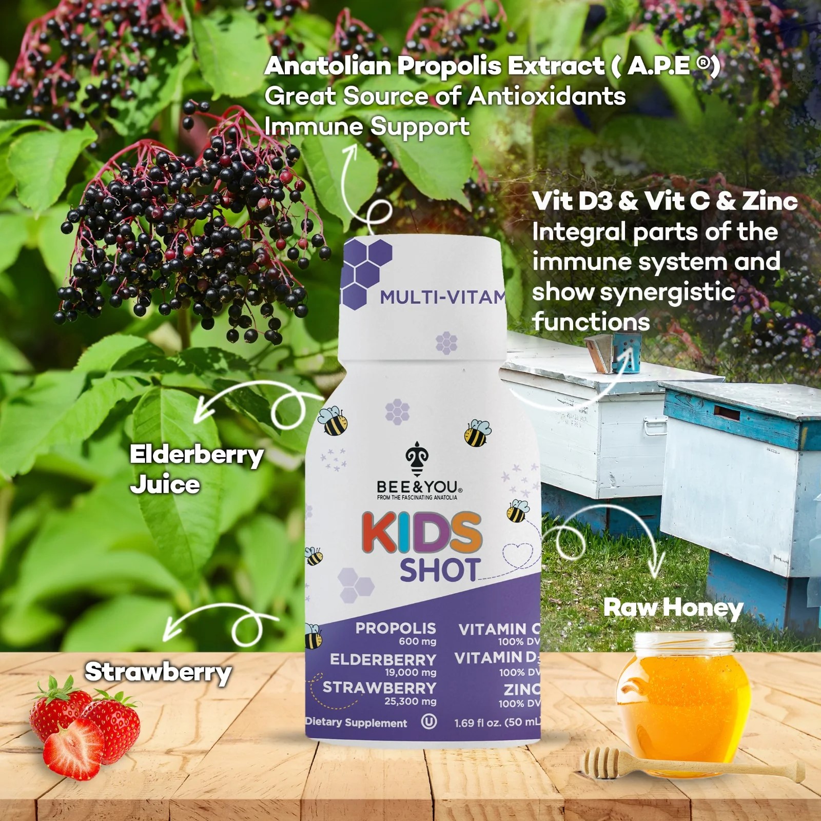 BEE&YOU Kids Shot bottle with key ingredients highlighted—Anatolian Propolis Extract (A.P.E.), elderberry juice, strawberry, raw honey—and nutrients vitamin C, vitamin D3, and zinc, with beehives and elderberries in the background.